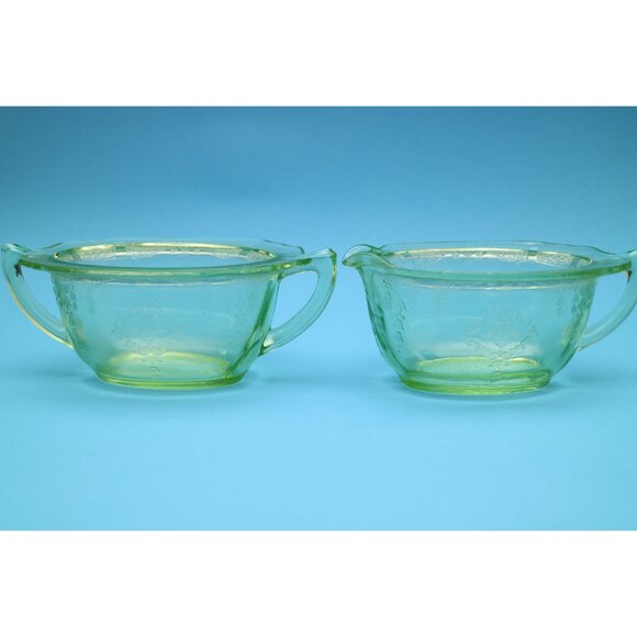 Vintage Green Uranium Depression Glass Set, Creamer Sugar Bowl, Princess Pattern - Picture 2 of 7